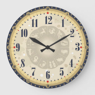 Redondo Grande Reloj Vintage Negro y Beige Signos del Zodiaco Ant