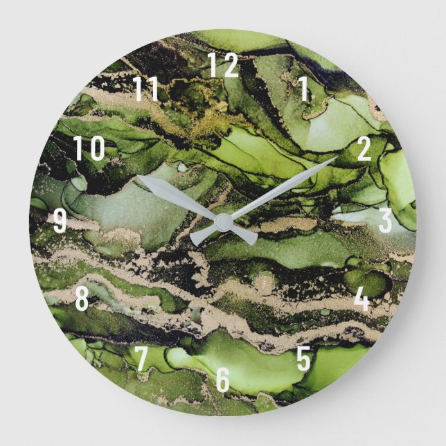 Redondo Grande Resumen Green Black Gold Art Gran Reloj (Anverso)