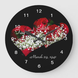 Redondo Grande Rosas rojas y reloj de doble corazón - personaliza