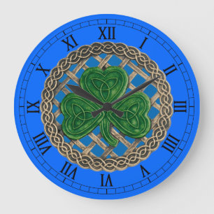 Redondo Grande Shamrock azul y nudos celtas reloj numérico romano