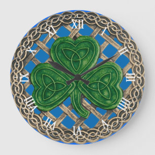 Redondo Grande Shamrock azul y nudos celtas reloj numérico romano