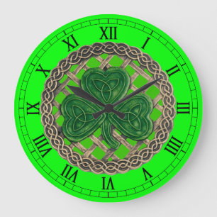 Redondo Grande Shamrock verde y nudos celtas reloj numérico roman