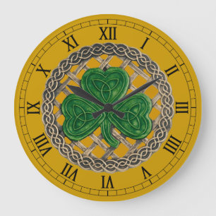 Redondo Grande Shamrock y nudos celtas dorados reloj numérico rom