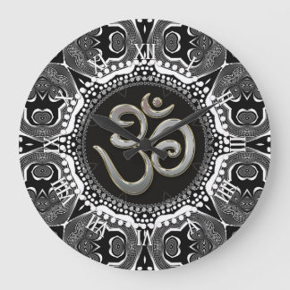 Redondo Grande Símbolo OM: Reloj de Mandala blanco yoga negro