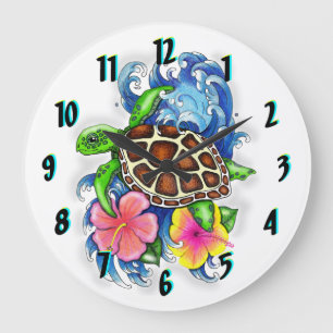 Redondo Grande Tortuga tropical con flores Reloj