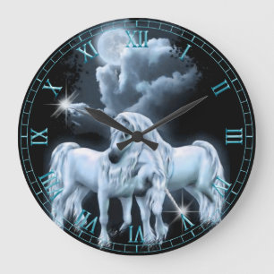Redondo Grande Unicornios en el reloj de la pared de la luna