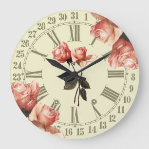 Redondo Grande Vintage Rosas Ephemera Gran Reloj