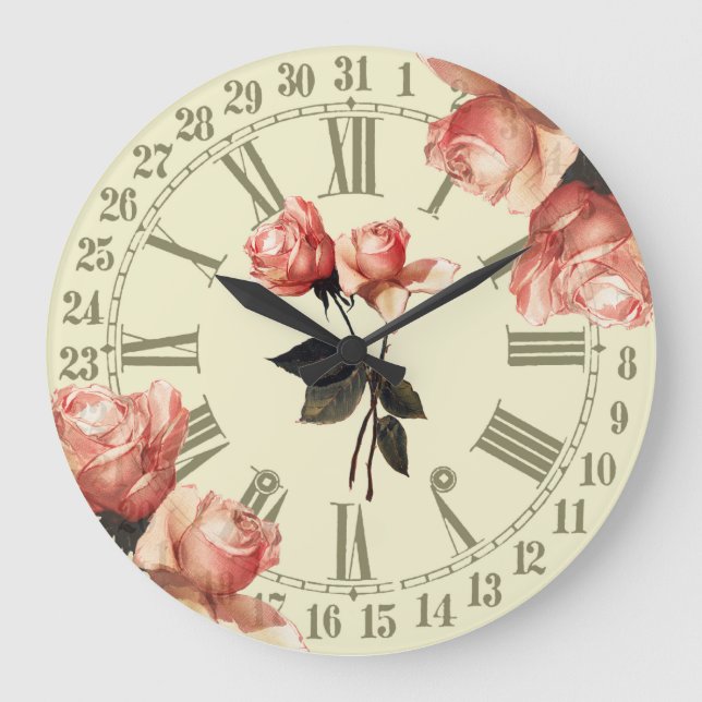 Redondo Grande Vintage Rosas Ephemera Gran Reloj (Anverso)