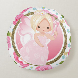 Redondo Hada rosada con Rosas Cojín decorativo Girly