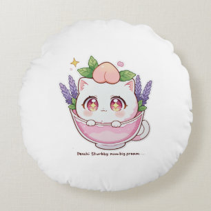 Redondo Kawaii atrapó gato en el Cojín decorativo Lavender