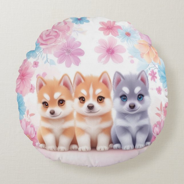 Redondo Kawaii Husky Cachorros: Cojín decorativo Pastel Pa (Anverso)