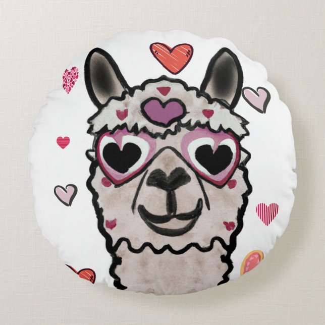 Redondo Llama Love Hearts Valentine Cojín decorativo (Anverso)