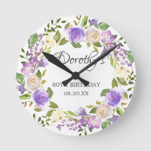 Redondo Mediano 80.º Reloj Rústico Morado Floral de Cumpleaños
