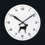 Redondo Mediano Boxer Perro Raza Silhouette Ronda Reloj<br><div class="desc">Un divertido reloj de pared para la casa o la oficina. Hace un regalo original para los amantes del Boxer. Silueta de perro de Boxer con orejas naturales. Echa un vistazo al Doodle World de Jenn para ver más relojes decorativos y decoración de casa con temática de raza de perro....</div>