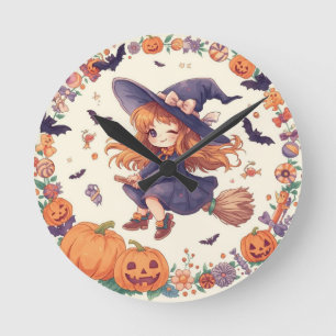 Redondo Mediano Bruja con calabazas reloj de Halloween