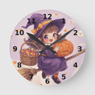 Redondo Mediano Bruja con reloj de Halloween de calabaza