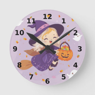Redondo Mediano Bruja Pequeña Volando Reloj de Halloween