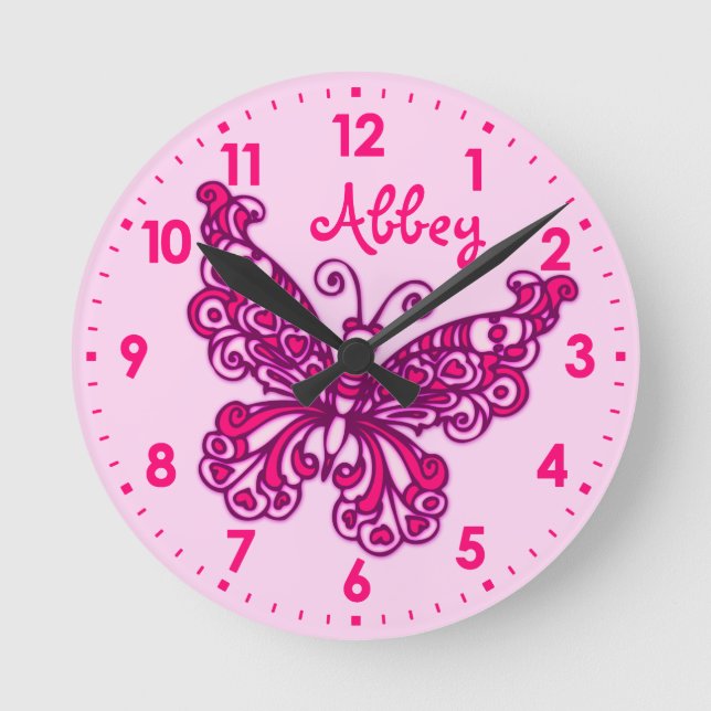 Redondo Mediano Chicas rosa mariposa habitación nombre reloj de pa (Anverso)