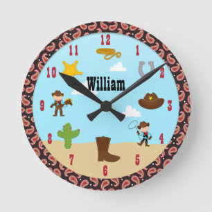 Redondo Mediano Cowboy niños occidentales reloj de la habitación