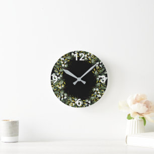 REDONDO MEDIANO ELEGANTE VERDE NEGRO BOTÁNICO RELOJ DE MURO