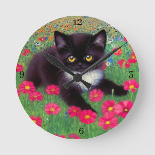 Redondo Mediano Gustav Klimt Tuxedo Cat con números de reloj