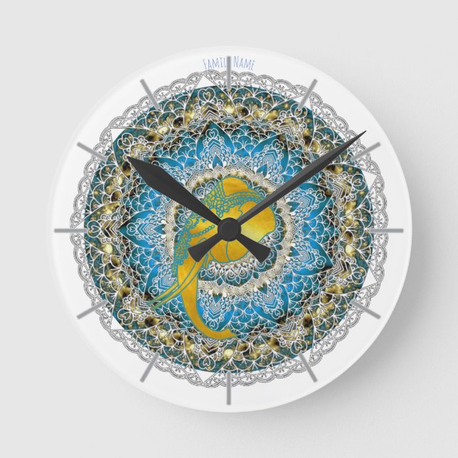 Redondo Mediano Henna Elephant Mandala Ganesha Reloj de la Mentali (Anverso)