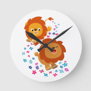 Redondo Mediano Leones lindos del dibujo animado en el reloj de