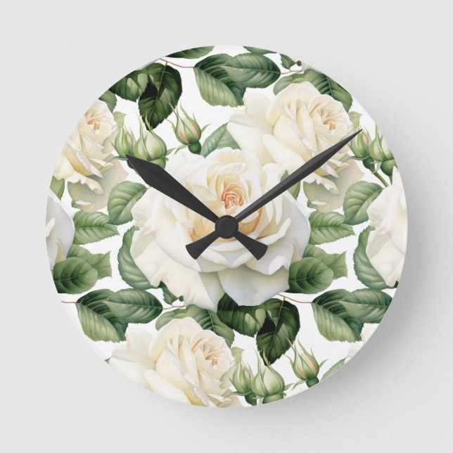 Redondo Mediano Moda Rosas Blancas Flores Reloj Floral (Anverso)