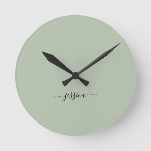 Redondo Mediano Moderno nombre de guión verde sabio reloj grande