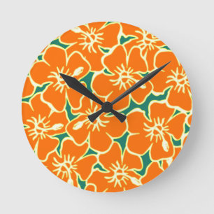Redondo Mediano Naranja Hibiscus Flores Reloj tropical hawaiano