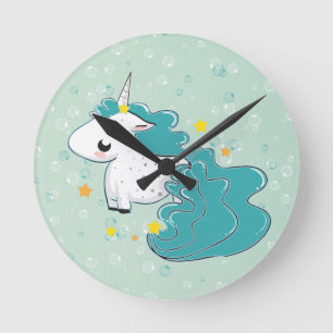 Redondo Mediano personalizado azul unicornio con reloj de estrella