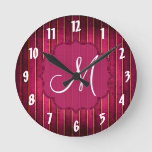 Redondo Mediano Raspberry Gold Stripe Reloj moderno de pared rosad