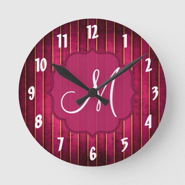 Redondo Mediano Raspberry Gold Stripe Reloj moderno de pared rosad (Anverso)