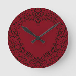 Redondo Mediano Red Black Elegant Heart Gothic Boda Reloj