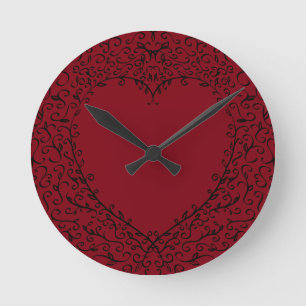 Redondo Mediano Red Black Elegant Heart Gothic Boda Reloj