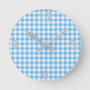 Redondo Mediano Reloj blanco azul Gingham moderno