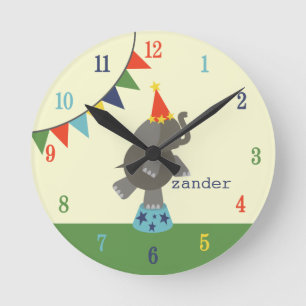 Redondo Mediano Reloj Circus Elephant & Flags (azul / Naranja)