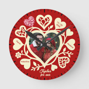 Redondo Mediano Reloj con corazón de foto de crema roja personaliz
