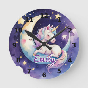 Redondo Mediano Reloj con nombre editable del unicornio durmiendo 