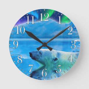 Redondo Mediano Reloj de arte de baño Polar Bear y Aurora