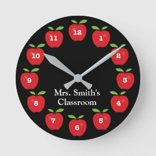 Redondo Mediano Reloj de aula con manzanas en negro