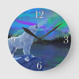 Redondo Mediano Reloj de Aurora y Wolf Wildlife Art