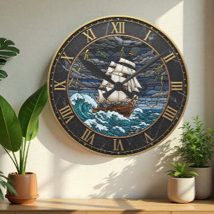 Redondo Mediano Reloj de barco vintage, mar tormentoso, mármol, ná