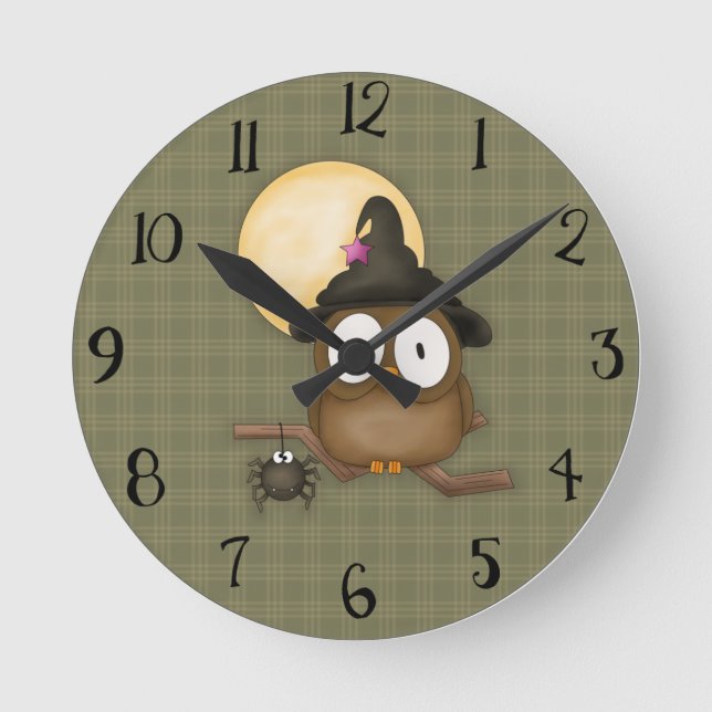 Redondo Mediano Reloj de búho de Halloween brujo (Anverso)