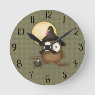 Redondo Mediano Reloj de búho de Halloween brujo