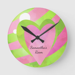 Redondo Mediano Reloj de Chica rosa y globo rayado verde