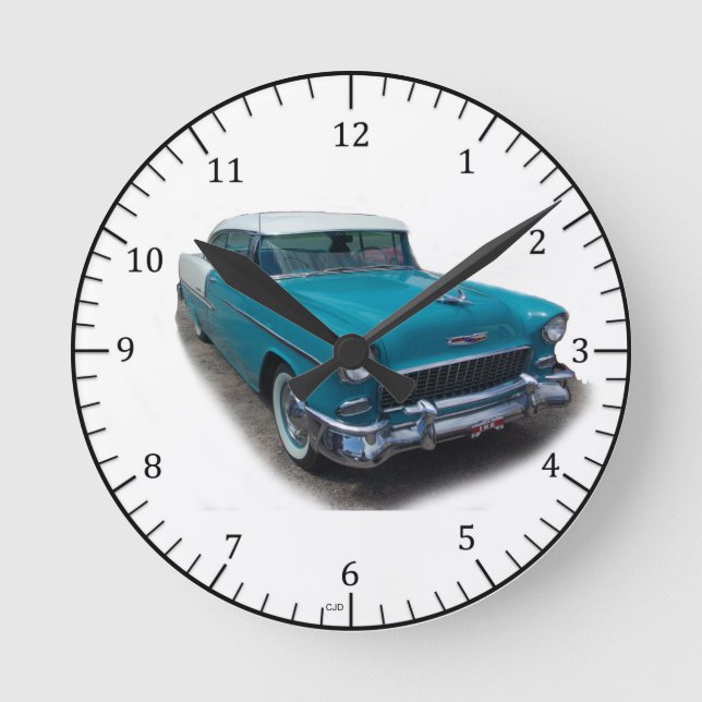 Redondo Mediano Reloj de coche clásico azul y blanco de 1955 (Anverso)