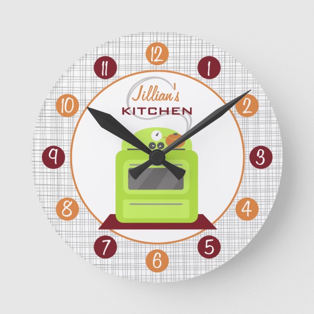 Redondo Mediano Reloj de cocina personalizado retro verde (Anverso)