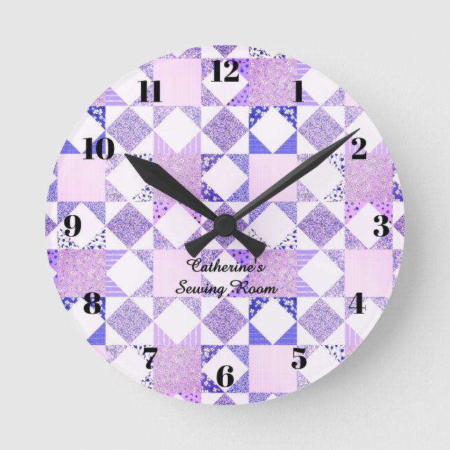 Redondo Mediano Reloj de costura de edredón de patchwork morado de (Anverso)