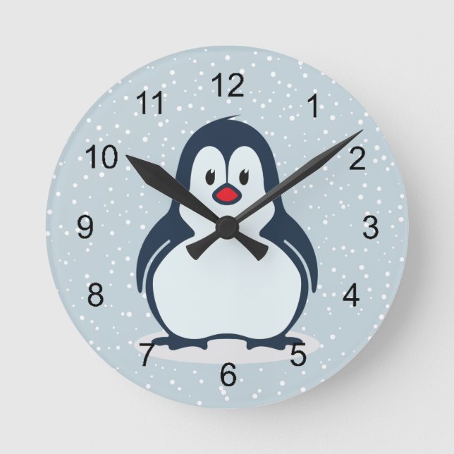 Redondo Mediano Reloj de diseño con nieve en el Pingüino Pequeño (Anverso)
